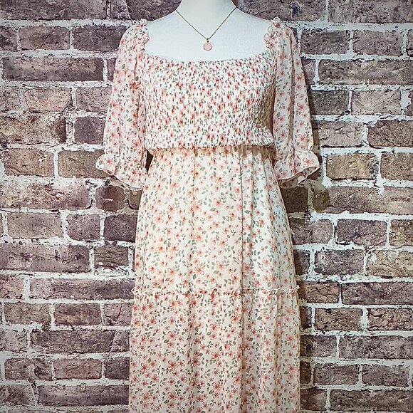 TEMOFON FLORAL SMOCKED SQUARE NECK BUBBLE SLEEVE TIERED MIDI DRESS MEDIUM - Picture 3 of 11